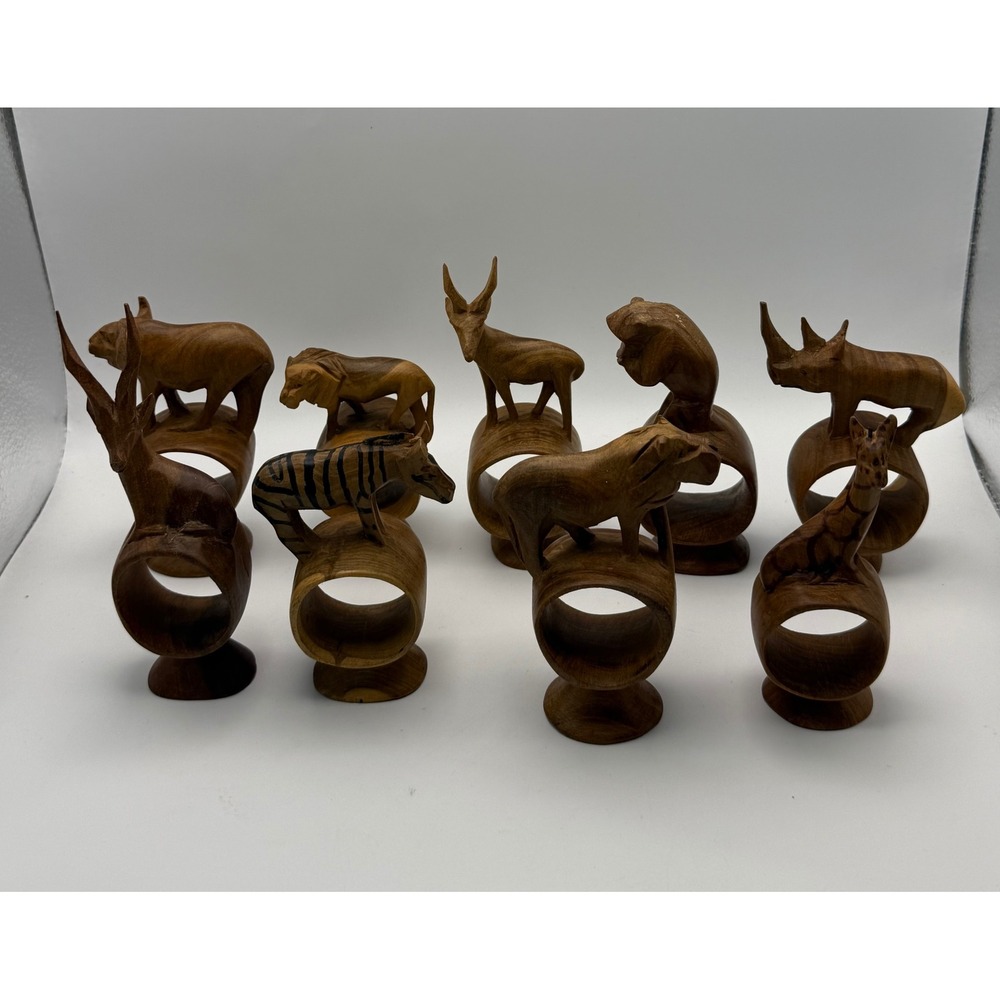 Vintage Hand Carved Wooden Safari Animal Napkin Rings African Folk Art Set of 9